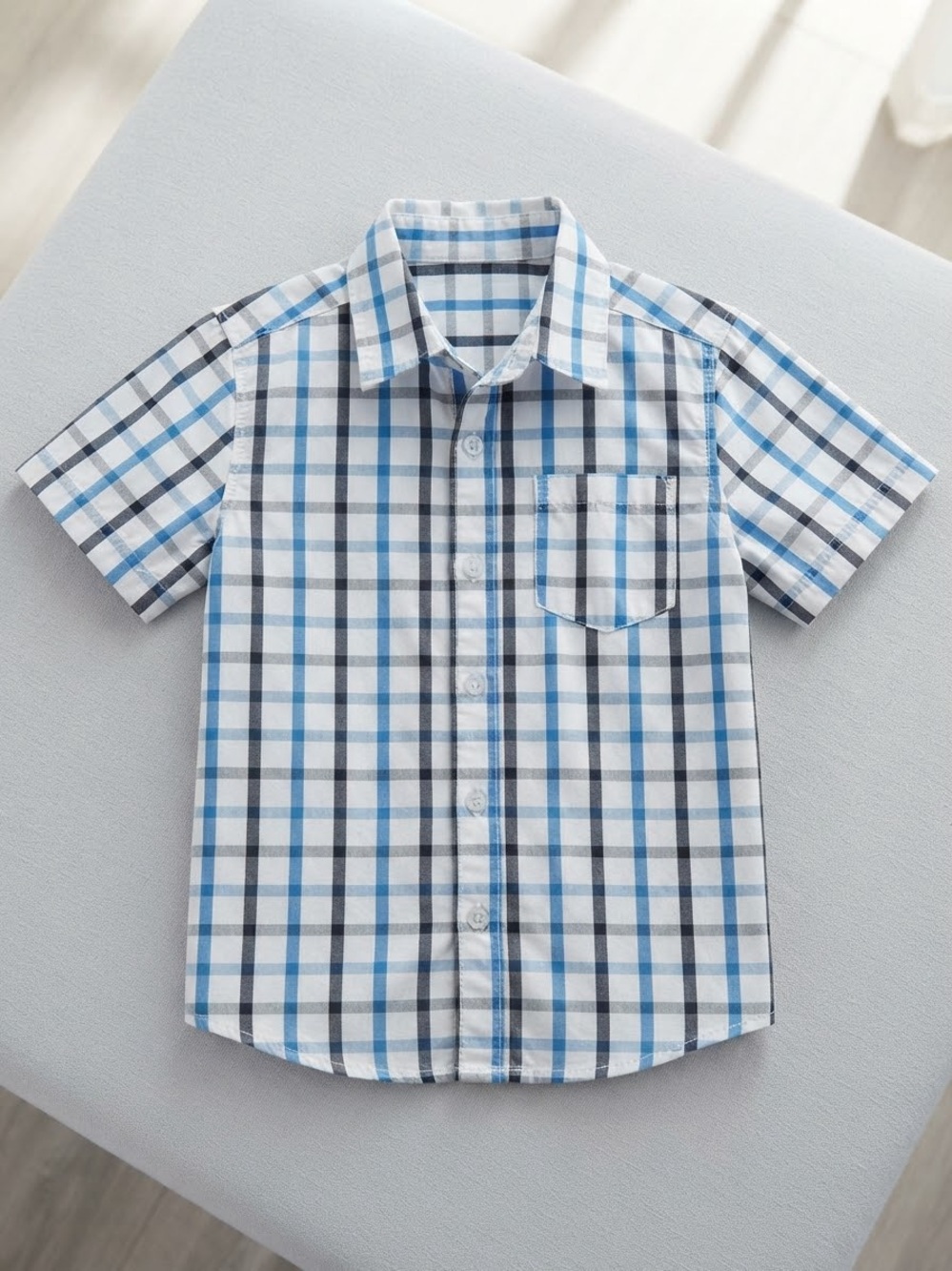 Children's Plaid Short-Sleeve Button-Up Shirt - Blue/Gray - Picture 5 of 5
